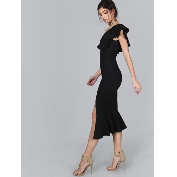 Black Ruffle Detail Leg Slit Midi Dress - Picture 3 of 8